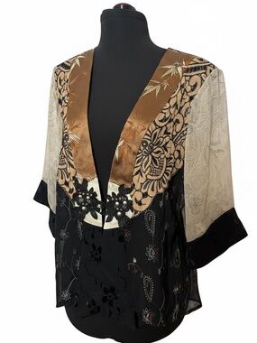 Embroidered Black and Brown Satin-Trim Kimono Tunic